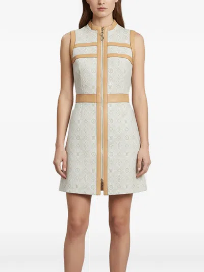 Pre-owned Louis Vuitton Monogram Jacquard Leather-trim A-line Mini Dress In Neutrals