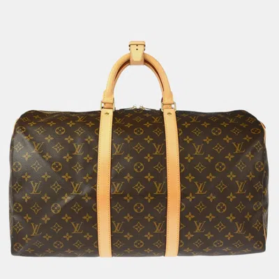 Pre-owned Louis Vuitton Monogram Keepall 50 Duffle Travel Handbag In Brown