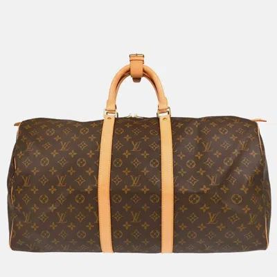 Pre-owned Louis Vuitton Monogram Keepall 55 Travel Duffle Handbag In Brown