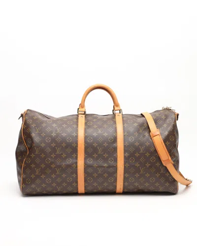 Pre-owned Louis Vuitton Monogram Keepall Bandoulière 60 Weekend Bag In Brown