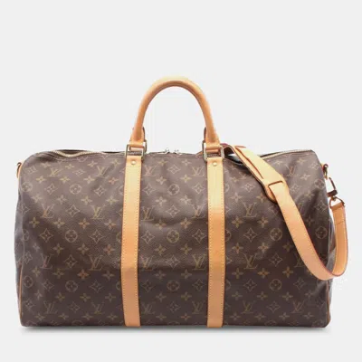 Pre-owned Louis Vuitton Monogram Leather Keepall Bandouriere 50 Travel Bag In Brown