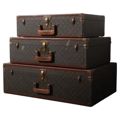 Pre-owned Louis Vuitton Monogram Macassar Square Handled Alzer Cases Set Of 3 In Black