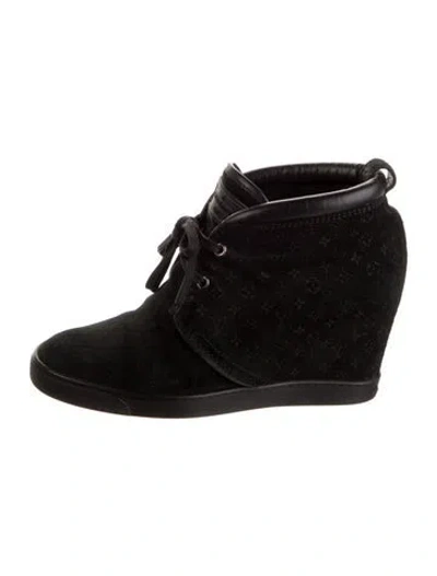 Pre-owned Louis Vuitton Monogram Mini Lin Pattern Suede Lace-up Boots In Black