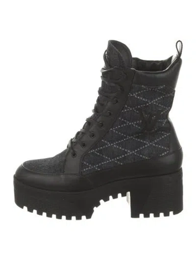 Pre-owned Louis Vuitton Monogram Pattern Leather Combat Boots In Black