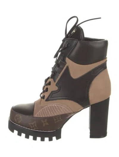 Pre-owned Louis Vuitton Monogram Pattern Leather Lace-up Boots In Brown
