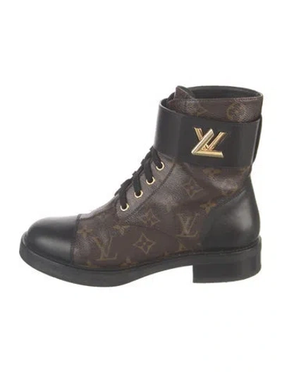 Pre-owned Louis Vuitton Monogram Pattern Leather Trim Embellishment Lace-up Boots In Brown