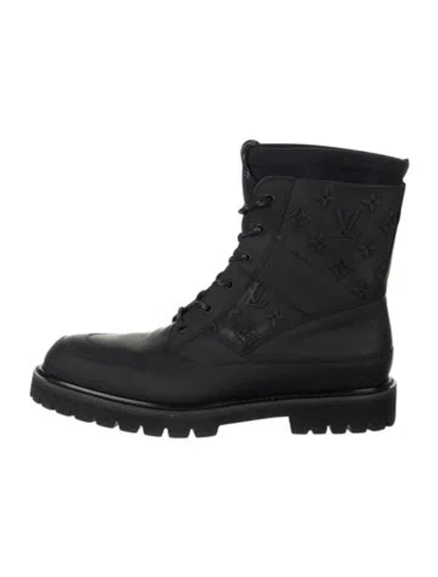 Pre-owned Louis Vuitton Monogram Pattern Rubber Combat Boots In Black