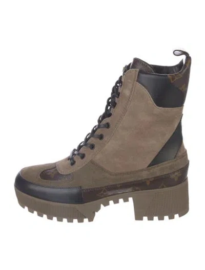 Pre-owned Louis Vuitton Monogram Pattern Suede Combat Boots In Brown