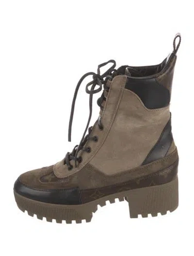 Pre-owned Louis Vuitton Monogram Pattern Suede Combat Boots In Brown