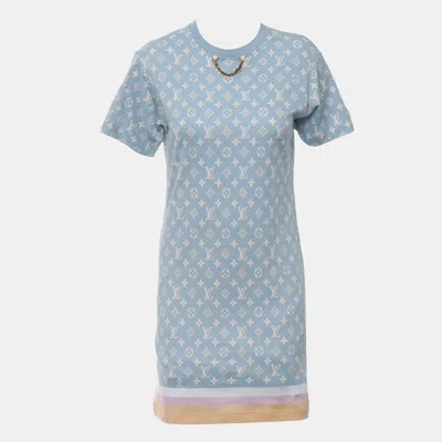 Pre-owned Louis Vuitton Monogram Printed Cotton Crewneck Short-sleeved Dress S In Blue