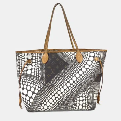 Pre-owned Louis Vuitton Monogram Pumpkin Dot Neverfull Mm Bag Tote Canvas White In Brown