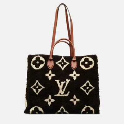 Pre-owned Louis Vuitton Monogram Teddy On The Go Gm Tote Bag Beige/black Mouton Leather In Sand