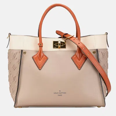 Pre-owned Louis Vuitton Monogram Tuftage On My Side Mm Handbag Galle Gray Beige Leather In Sand
