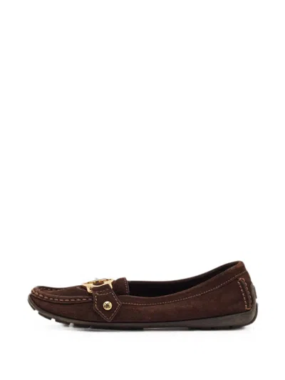 Pre-owned Louis Vuitton Monogram-plaque Suede Loafers In Brown