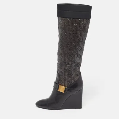 Pre-owned Louis Vuitton Motard Size 39.5 Black/metallic Leather And Monogram Nylon Knee Length Boots
