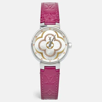 Pre-owned Louis Vuitton Mother Of Pearl Diamond Stainless Steel Leather Tambour Qa019 Women's Wristwatch 35mm In White