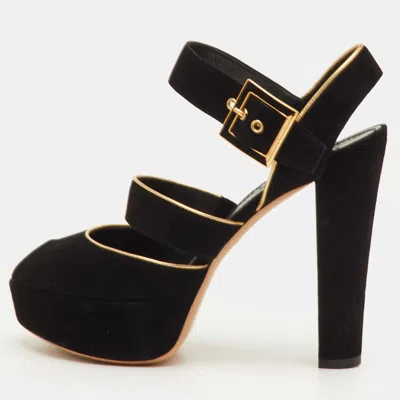 Pre-owned Louis Vuitton Mowani Size 39.5 Black Suede Peep Toe Platform Sandals