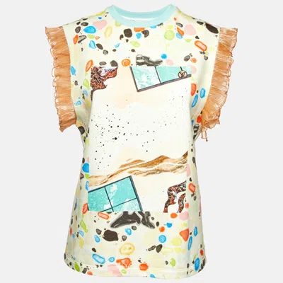Pre-owned Louis Vuitton Multicolor Abstract Print Cotton Knit Plisse Trim Top L