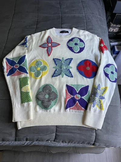Pre-owned Louis Vuitton Multicolor Flower Monogram Wool Sweater In White