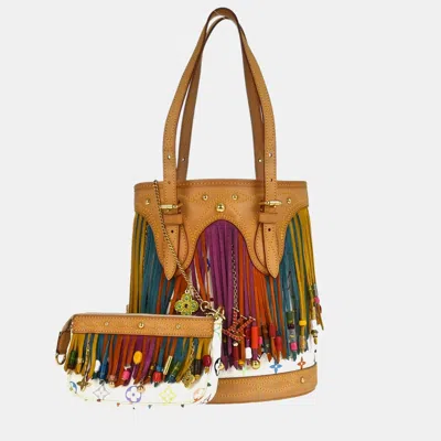 Pre-owned Louis Vuitton Murakami Monogram Multicolor Bucket Fringe White Canvas Shoulder Bag