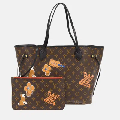Pre-owned Louis Vuitton My Lv World Tour Neverfull Mm Shoulder Tote Bag In Black