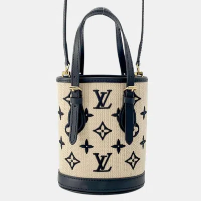 Pre-owned Louis Vuitton Black Cotton Calfskin Monogram Nano Bucket Bag In Beige