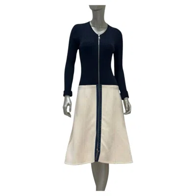 Pre-owned Louis Vuitton Navy & Cream Ribbed Knit Dress, Fr 42 In White