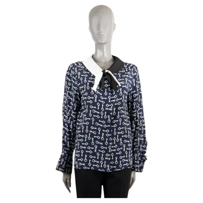Pre-owned Louis Vuitton Navy Blue & White Silk Key Print Blouse Shirt 36 Xs