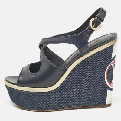 Pre-owned Louis Vuitton Navy Blue Canvas And Denim Wedge Sandals Size 38