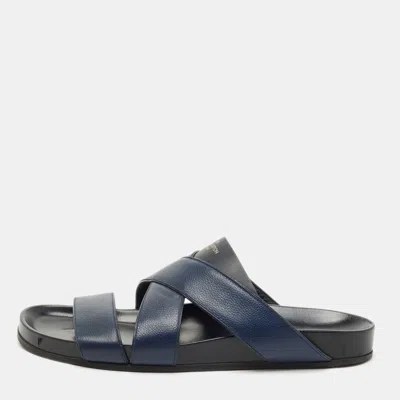 Pre-owned Louis Vuitton Navy Blue Canvas And Leather Mirabeau Flat Slides Size 45