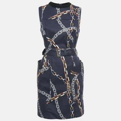 Pre-owned Louis Vuitton Navy Blue Chain Print Cotton Belted Mini Dress S