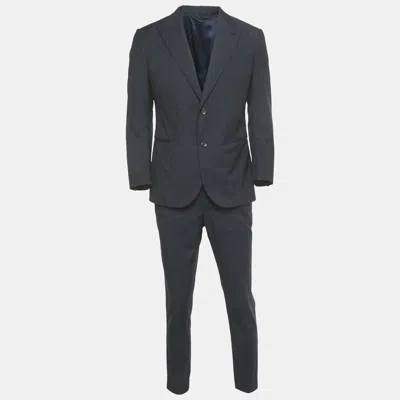 Pre-owned Louis Vuitton Navy Blue Checkered Wool Suit L