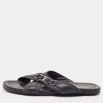 Pre-owned Louis Vuitton Navy Blue Denim And Leather Hamptons Flat Sandals Size 42.5