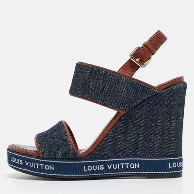 Pre-owned Louis Vuitton Navy Blue Denim Wedge Sandals Size 37.5