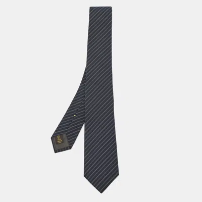 Pre-owned Louis Vuitton Navy Blue Diagonal Striped Wool & Silk Slim Tie