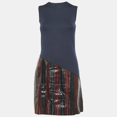 Pre-owned Louis Vuitton Navy Blue Leather Trim Mini Dress S