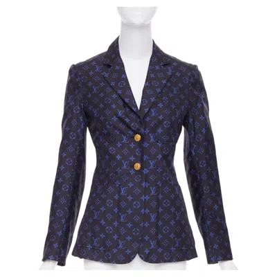 Pre-owned Louis Vuitton Navy Blue Lightweight Silk Lv Monogram Gold Button Blazer Fr34 Xs