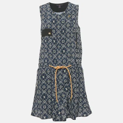 Pre-owned Louis Vuitton Navy Blue Logo Print Silk Sleeveless Mini Dress M