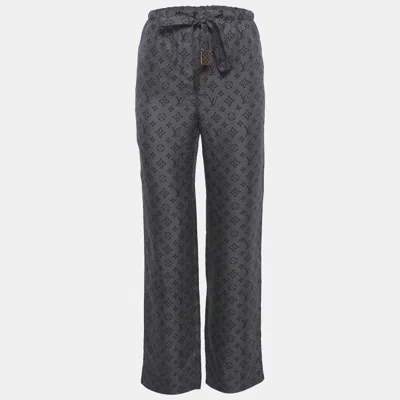 Pre-owned Louis Vuitton Navy Blue Logo Printed Silk Pants S