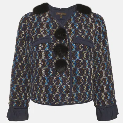 Pre-owned Louis Vuitton Navy Blue Mink Fur Trim Tweed Jacket M