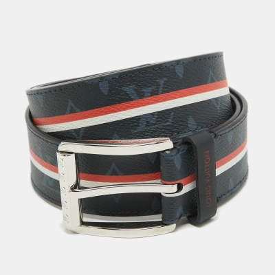 Pre-owned Louis Vuitton Navy Blue Monogram Canvas And Leather Reverso Striped Belt 95 Cm