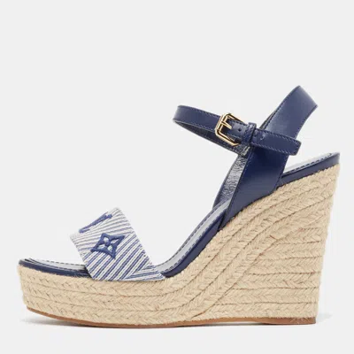 Pre-owned Louis Vuitton Navy Blue Monogram Canvas And Leather Sail Away Wedge Sandals Size 38
