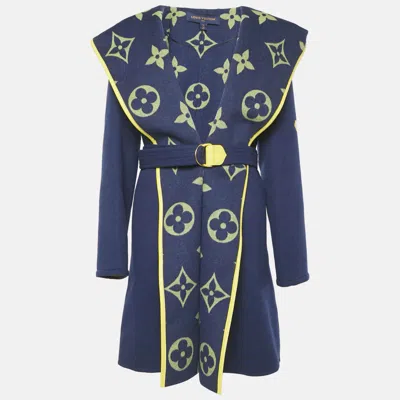 Pre-owned Louis Vuitton Navy Blue Monogram Collar Wool Felt Belted Coat L