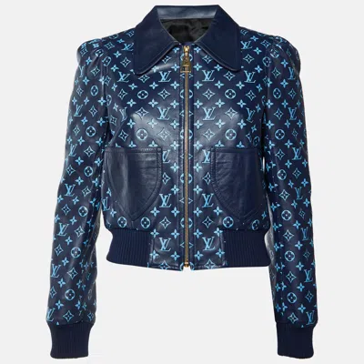 Pre-owned Louis Vuitton Navy Blue Monogram Leather Zip-up Jacket M