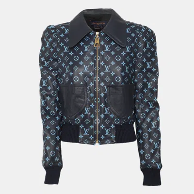Pre-owned Louis Vuitton Navy Blue Monogram Leather Zip-up Jacket S