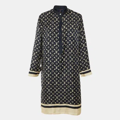 Pre-owned Louis Vuitton Navy Blue Monogram Striped Silk Shift Dress L