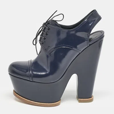 Pre-owned Louis Vuitton Navy Blue Patent Leather Louisiana Slingback Booties Size 40