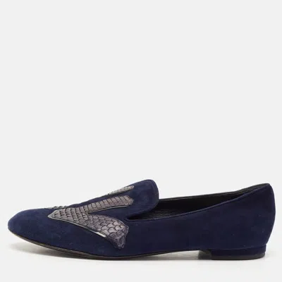 Pre-owned Louis Vuitton Navy Blue Python Leather And Suede Lv Logo Smoking Slippers Size 36.5