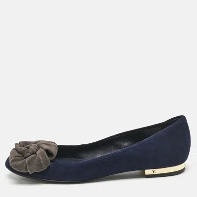 Pre-owned Louis Vuitton Navy Blue Suede Flower Embellished Ballet Flats Size 36.5