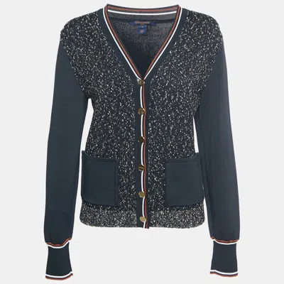 Pre-owned Louis Vuitton Navy Blue Tweed Knit Button Down Cardigan S
